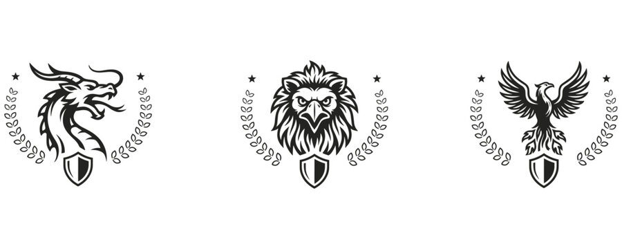 Fantasy Creatures With Shields And Stars Design.