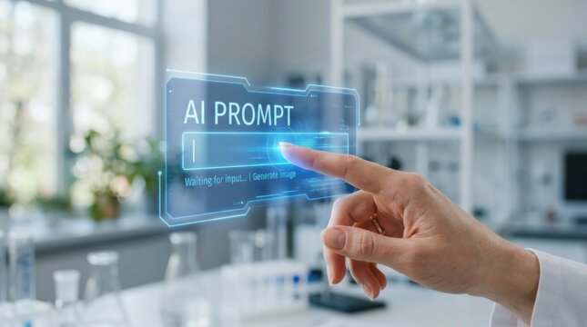 Woman scientist touching virtual artificial intelligence prompt interface in laboratory. Digital assistant panel with text input field. Innovative technology, automation and data research concept.