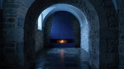 Naklejka premium Beyond a rugged stone arch, a cobalt geometric tile fireplace glows inside a vaulted cellar chamber, pairing medieval masonry, cool blue ambience, reflective flooring, and a solitary modern flame