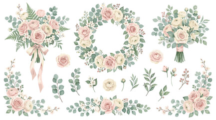 Set of floral branch. Flower pink rose, green leaves. Wedding concept with flowers. Floral poster, invite. Vector arrangements for greeting card or invitation design © Vova