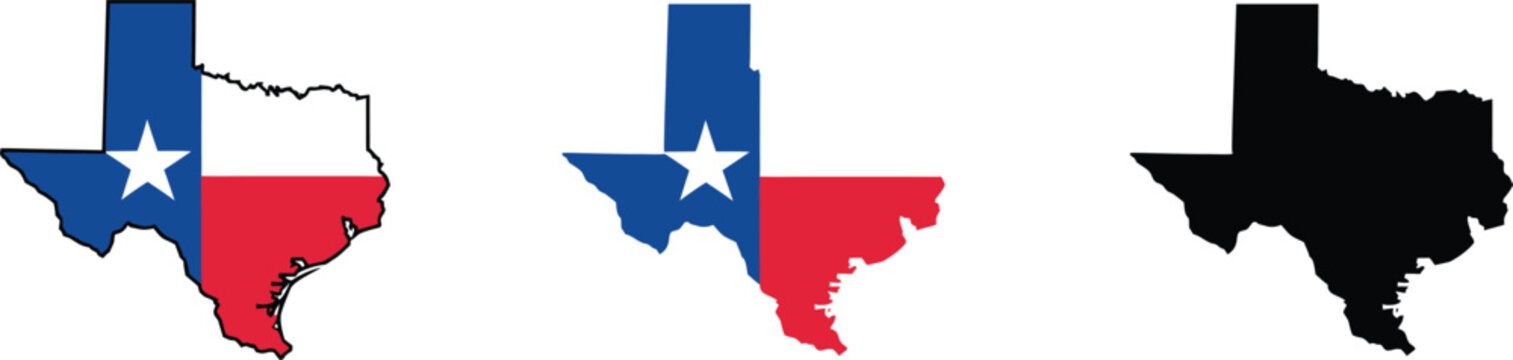 Texas state map collection featuring lone star flag colors and solid black silhouette outlines for regional branding use.
