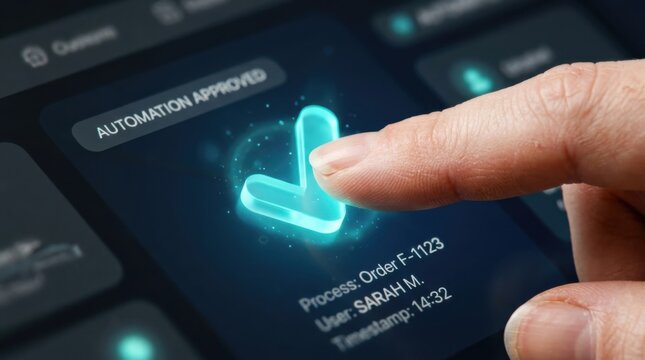 Woman touching digital screen with glowing check mark symbol. Automation approved notification on tablet interface. Concept of artificial intelligence business workflow and data management.