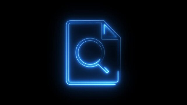 Neon blue document icon with magnifying glass search symbol animated glowing light.