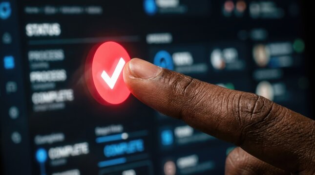 African american man touching digital screen with glowing check mark. Intelligent chatbot process completed successfully. Automation system interface for efficient task management and software.