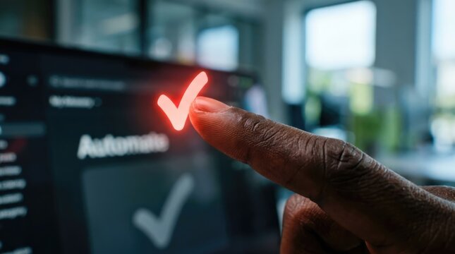 African american man touching glowing check mark icon on touchscreen monitor. Digital automation and software interface control. System process optimization and artificial intelligence concept.