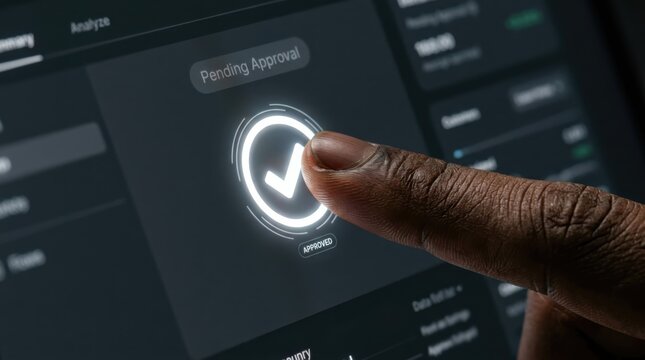 African american man touching screen with digital approved check mark icon. AI automation confirming task completion and data validation process. Innovative technology for business workflow.