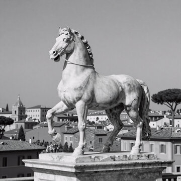 Chibi Marble Nose. An Ancient Roman Marble Horse Statue From The 1St Century Bc On Capitoline Hill, Rome (Black & White With Copy Space)