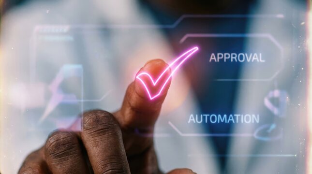 African american man touching digital screen with neon checkmark symbol for approval. Innovative ai automation and business workflow management technology. Virtual interface for task completion.