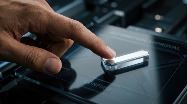 Man hand pressing button on digital touchscreen interface for automation approval. Artificial intelligence system control panel. Cybernetic technology concept for business process management.