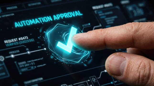 Man touching digital screen with automation approval checkmark. Artificial intelligence processing business workflow. Futuristic software interface for system verification and control.
