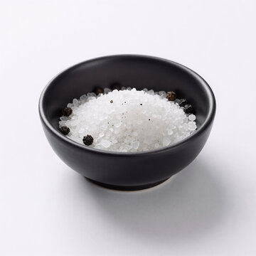 Comic Book Pepper Mineral. Close-Up Of Salt And Pepper In A Black Bowl On A White Background
