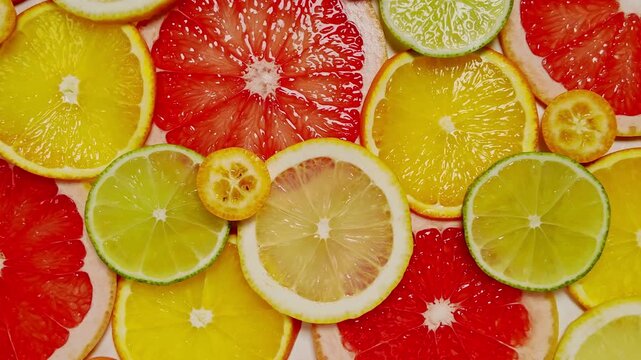 Top view of vibrant sliced mixed citrus fruits, showing colorful medley perfect for healthy eating and dietary concepts, inviting freshness and vitality