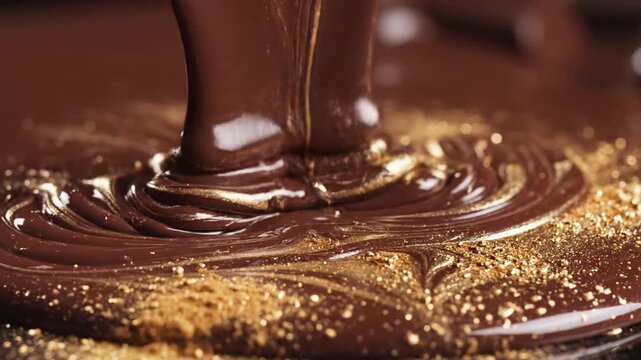 Chocolate sauce pours smoothly over a rich dessert base to create a decadent culinary presentation.