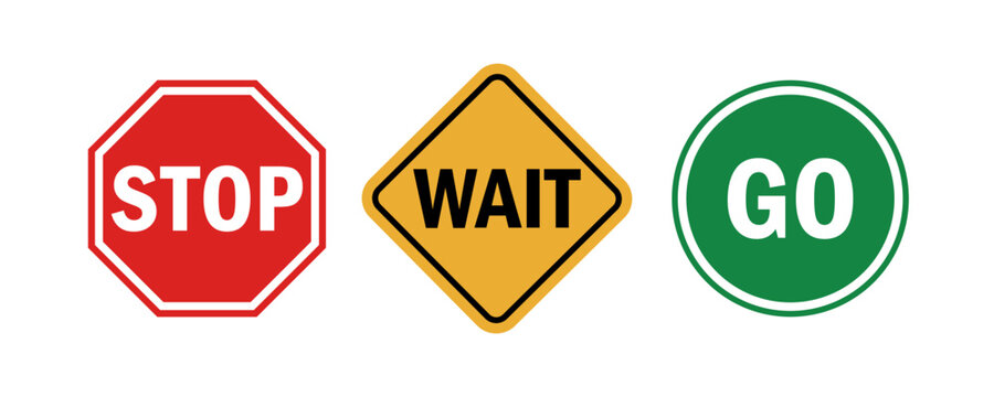 Minimalist traffic style signs set with stop wait go sequence, decision making process icons, red yellow green vector design symbols