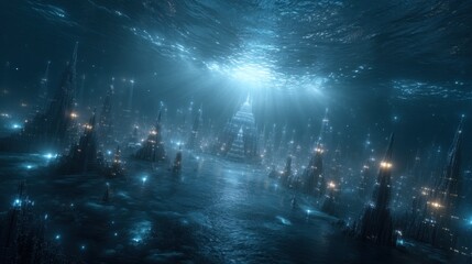 Naklejka premium Enigmatic Submerged Cityscape Bathed In Otherworldly Illumination And Unique Architectural Forms