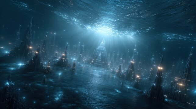 Enigmatic Submerged Cityscape Bathed In Otherworldly Illumination And Unique Architectural Forms
