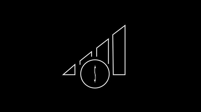 Minimalist white line animation of a rising bar chart with a dollar coin icon, representing financial growth, budget success, and corporate profit on black background.