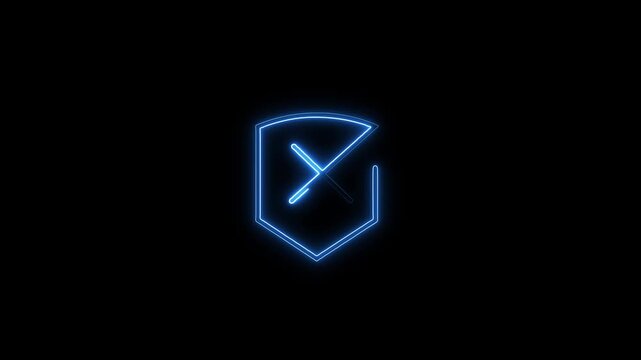 Electric blue neon shield animation with an 'X' mark inside, symbolizing cyber security breach, data protection failure, access denied, and system error screen.