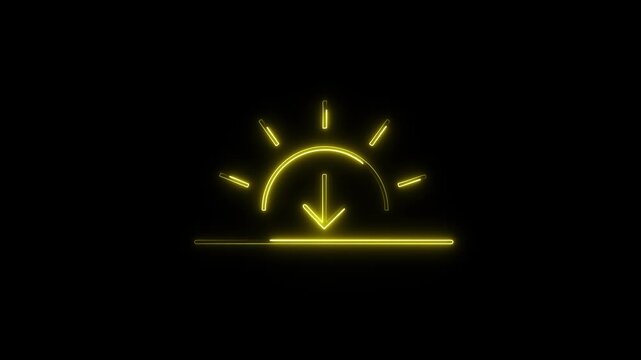 Bright yellow neon sunset animation featuring a downward-pointing arrow, symbolizing sunset, low energy, industrial decline, decreasing profits, or end of a cycle.