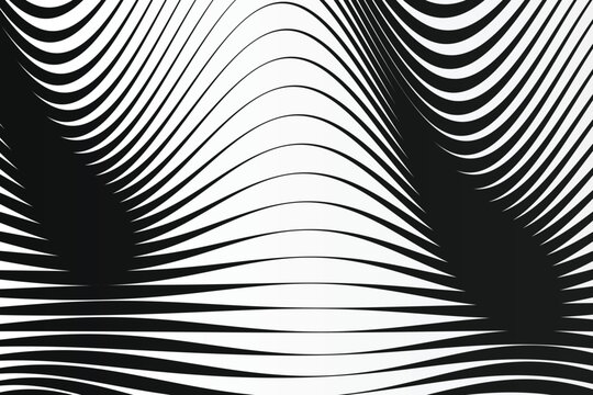 Black and white optical illusion pattern with distorted parallel wavy lines and dark elliptical shapes