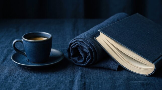 Cozy reading setup with dark blue linen tablecloth featuring rolled fabric napkin beside ceramic espresso cup and vintage hardcover book on textured table surface.