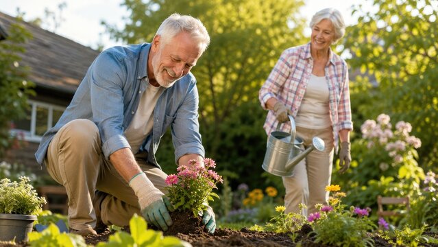 Senior couple happily gardening together in a sunny backyard, planting and watering flowering plants