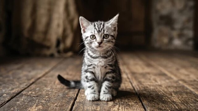 Adorable gray tabby kitten sitting on rustic wooden floor looking around