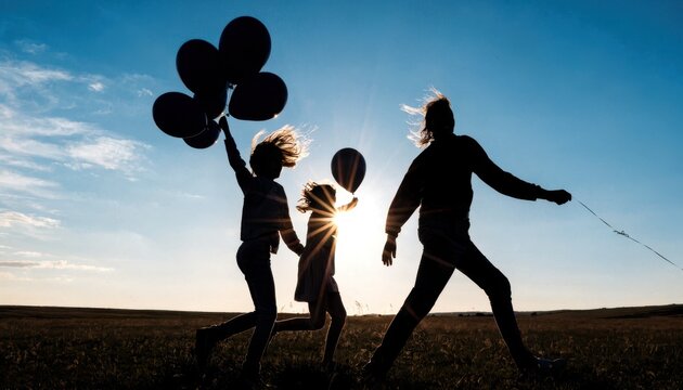 Backlit family photos concept. Silhouettes of three people joyfully running with balloons against a bright, sunny sky over an open field.