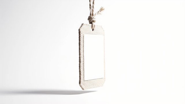 A fabric label or tag attached to a string, isolated on a white background, with space to insert a custom message or logo, ideal for marketing and branding