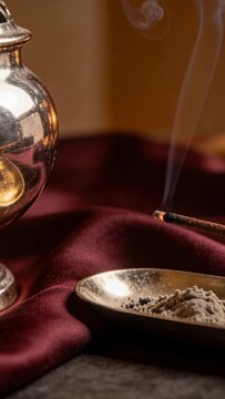 Vertical video: Lighting lit incense for ritual smoldering, emitting thin smoke on tabletop
