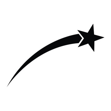 Minimalist black silhouette vector icon of a shooting star or flying comet with a curved tail trail, isolated on a white background.