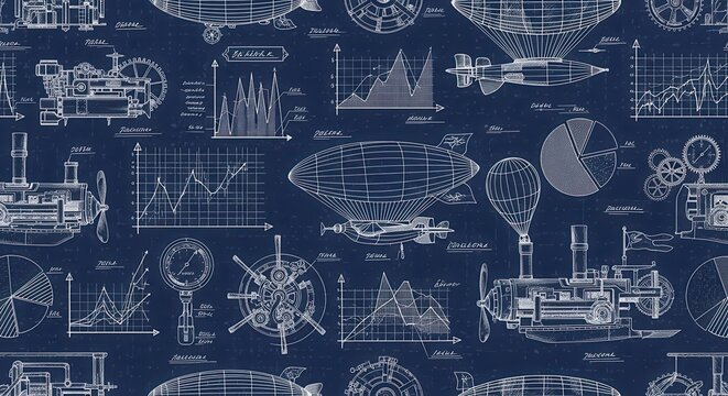 Steampunk Blueprint Pattern with Airships and Graphs.