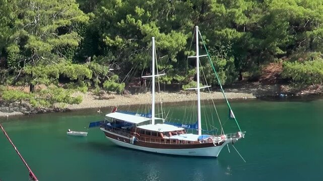 An elegant gulet basks in the glistening turquoise embrace of Oludeniz Bay, Turkey. Sun-kissed green forests line the tranquil shore, creating an exquisite, peaceful daytime sanctuary.