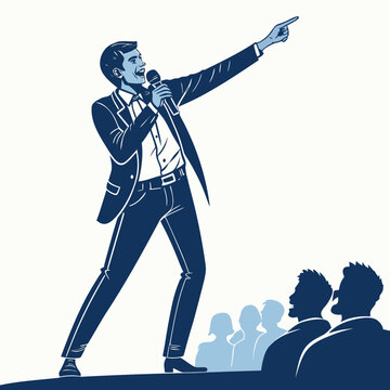 energetic speaker silhouette pointing forward on stage holding microphone vector