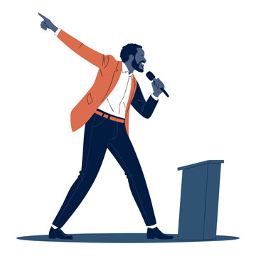 energetic speaker silhouette pointing forward on stage holding microphone vector
