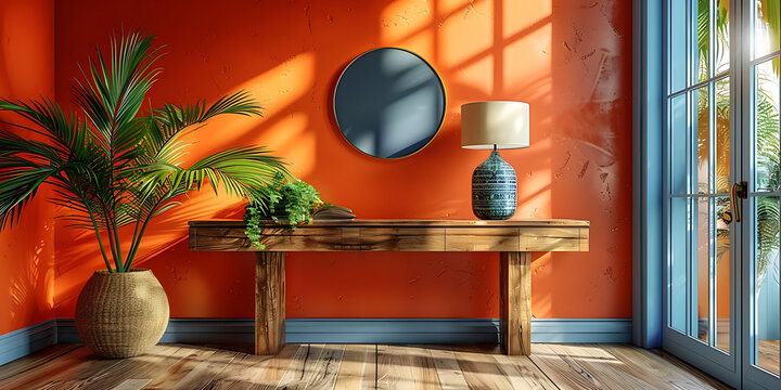 Console table made of dark wood stands against a bold orange wall in a brightly lit room featuring a decorative mirror and a small table lamp.