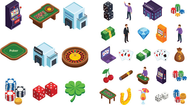 Isometric Casino and Gambling Set &ndash; Slot Machine, Poker Chips, Roulette, Dice, Cards and Casino Building Clipart Collection