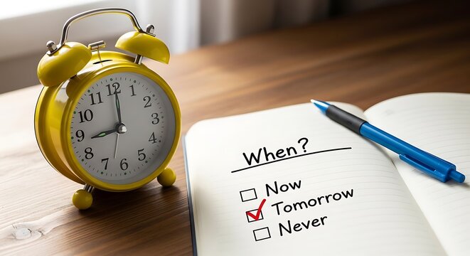 Procrastination concept with yellow alarm clock and notebook, time management checklist with tomorrow box checked, deadline and delay metaphor