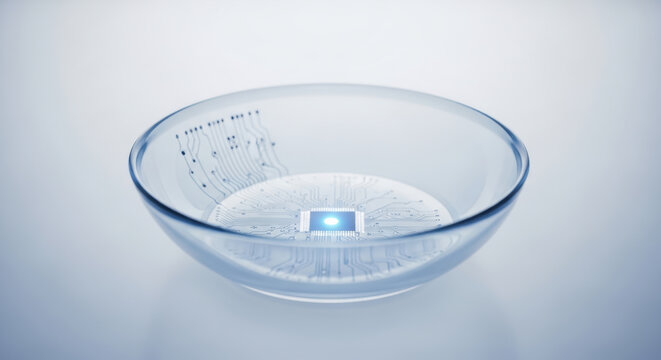 Personalized medicine ai contact lens with embedded microchip glowing sensor and circuit pattern sterile bowl futuristic wearable healthcare device