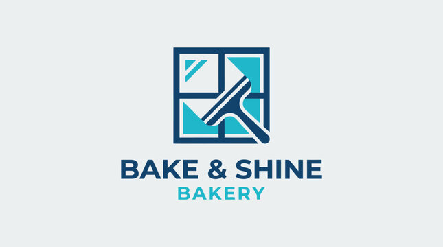 Bake  Shine Bakery logo with window and squeegee, clean and modern design.