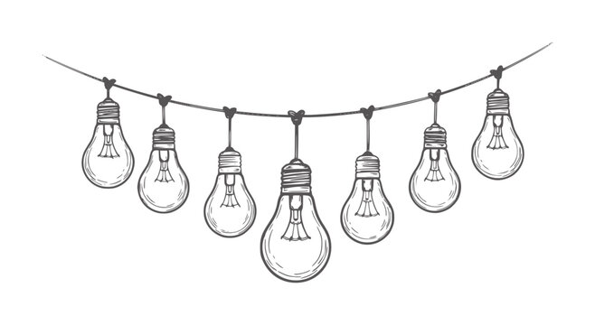 Hand drawn string lights with seven incandescent bulbs hanging a wire lightbulb