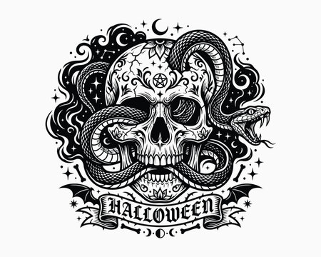 Halloween shirt vector intricate skull and snake design for spooky apparel and graphic projects