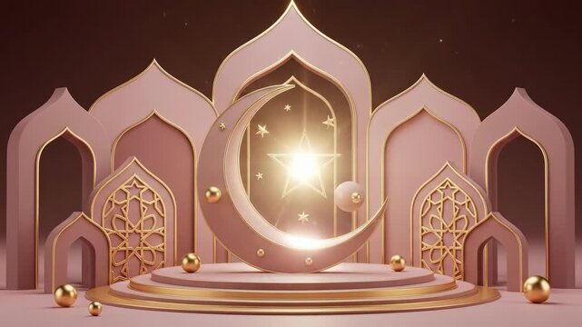 Stage display with shining crescent moon and star for Ramadan Kareem, eid al fitr, and Islamic new year. Podium design with traditional mosque arch.