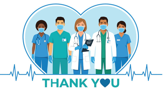 Diverse medical professionals wearing protective face masks stand together inside a large blue heart vector illustration