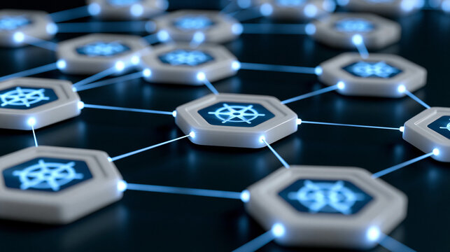 Abstract network of interconnected hexagonal nodes symbolizes blockchain technology and distributed ledger.