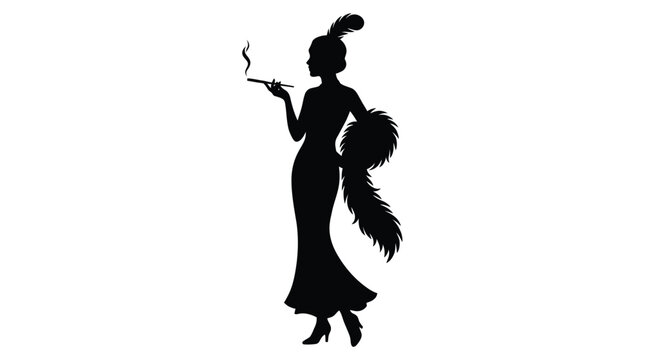 Elegant vintage flapper girl vector illustration holding a cigarette holder with a stylish feather boa
