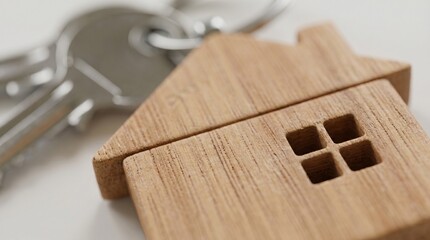Fototapeta premium Wooden House Shape Keychain with Metal Keys for Real Estate and Home Ownership