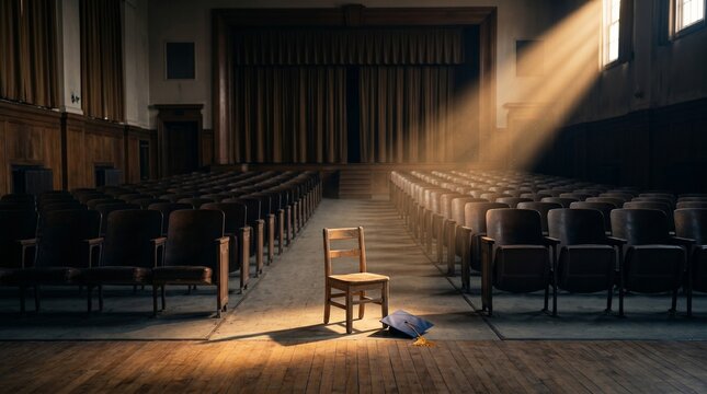 Empty auditorium with a single wooden chair and graduation cap under a dramatic spotlight beam, symbol of education, dropping out, future, success and missing student concept