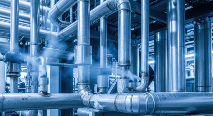 Fototapeta premium Industrial metal pipe system with steam release showing fusion of power and progress in manufacturing environment