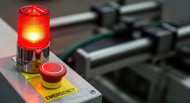 Emergency button and red warning light in factory safety system for industrial accident prevention and hazard alert